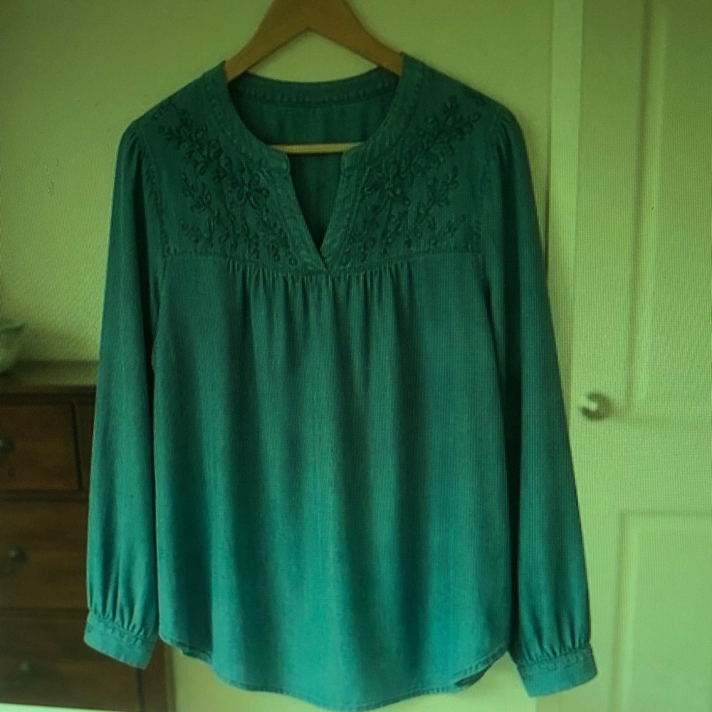 Embroidered Teal Long-Sleeve Blouse